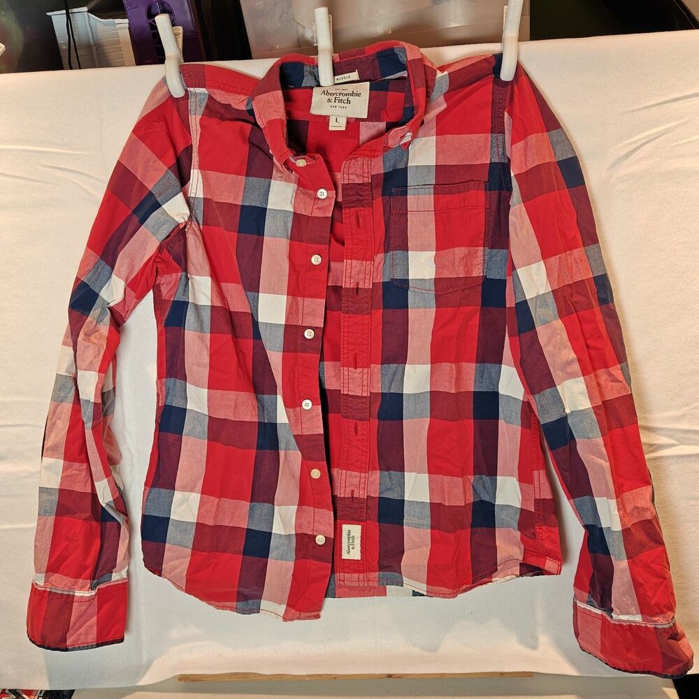 Abercrombie & Fitch Mens Muscle Red Plaid Button Up Shirt Size Large